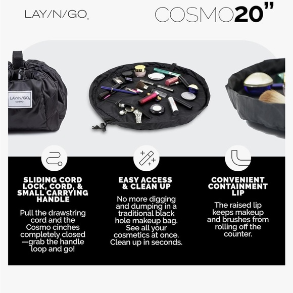 New Lay-n-Go Cosmo Drawstring Cosmetic Pouch Makeup Organizer Toiletry Bag Black - Picture 3 of 5